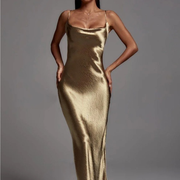 Bella Barnett Dresses & Skirts - Satin Gold Slip Maxi Dress with Spaghetti Straps